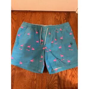 Party Pants Swim Trunks Men's XL Blue/Pink Flamingo AOP Geometric Stretch Swim
